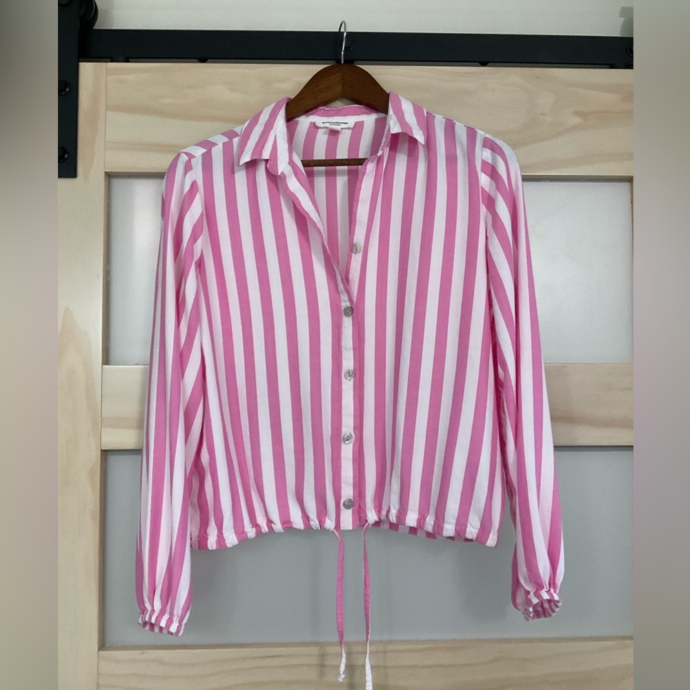 BeachLunchLounge Pink White Stripe Button Front Blouse S Cropped Drawstring Hem